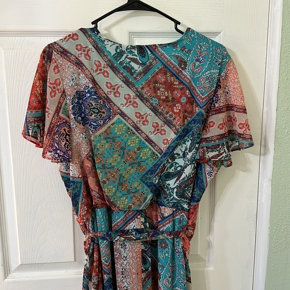 One World Woven Chiffon Ruffle Mixed Patchwork Knit Lined Midi Dress Women's XL - Picture 4 of 10